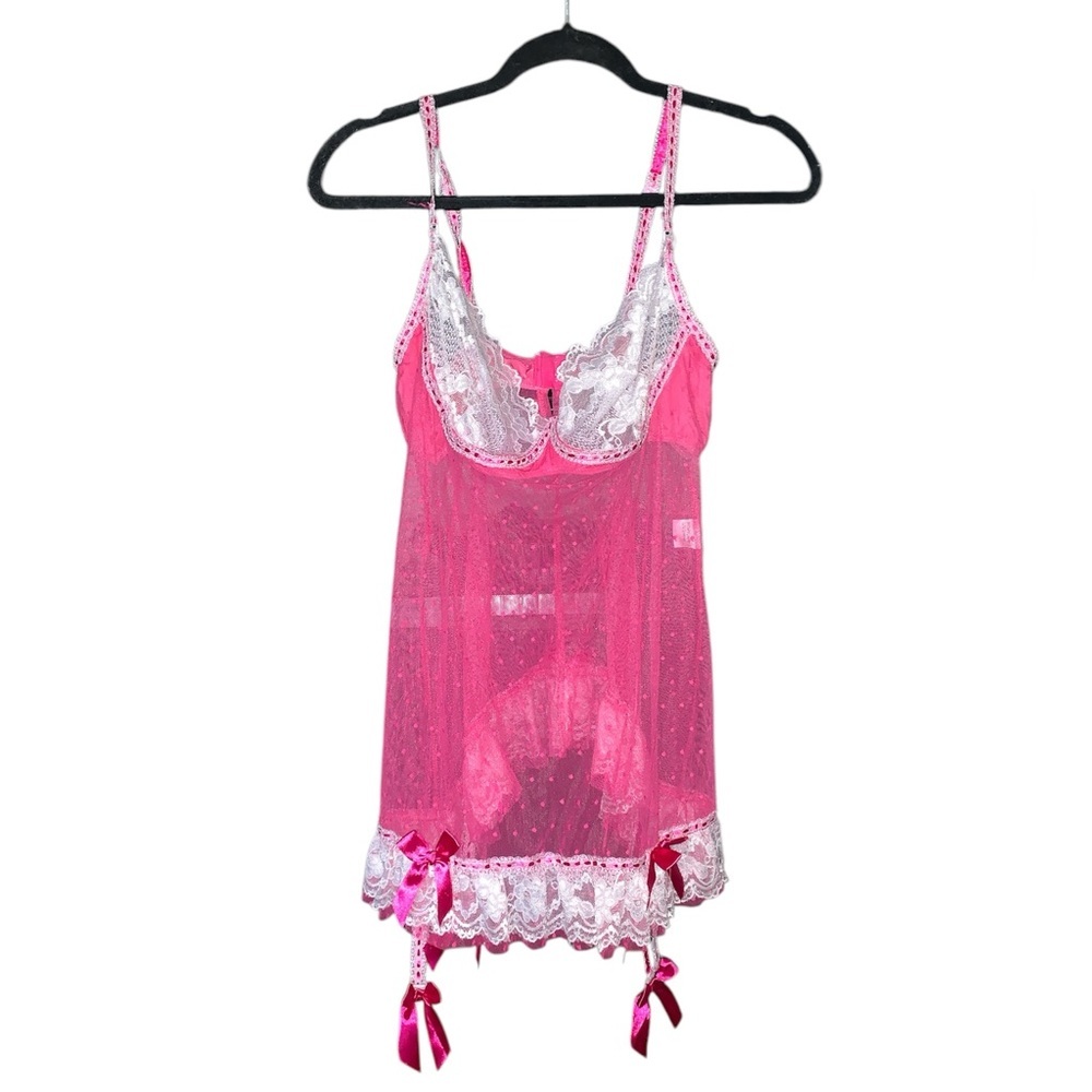 VIP Vintage Y2K Hot Pink Polka Dot And White Lace‎ Chemise Size XL